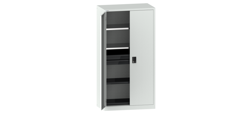 Armoire à 2 portes battantes pleines charnière Lista H 195 x L 100 x P 58 cm 2 étagères amovibles, 3 tiroirs et 2 étagères extensibles Key Lock