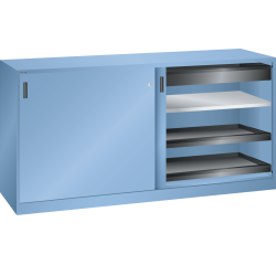 Armoire à 2 portes coulissantes pleines et paroi de séparation Lista H 100 x L 200 x P 58 cm 2 étagères amovibles, 2 tiroirs et 4 étagères extensibles Key Lock