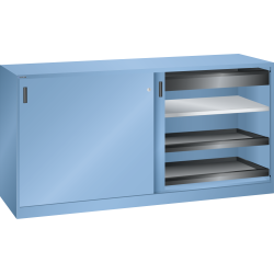 LISTA - Armoire à portes coulissantes avec 2 portes en tôle pleine et paroi de séparation (LxPxH) 2000x580x1000mm 2 rayons, 2 tiroirs, 4 rayons extensibles KEY Lock Bleu clair RAL 5012