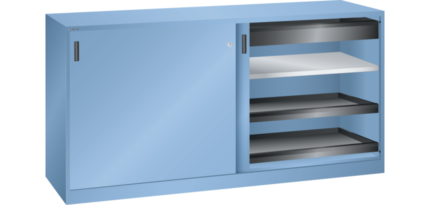 Armoire à 2 portes coulissantes pleines et paroi de séparation Lista H 100 x L 200 x P 58 cm 2 étagères amovibles, 2 tiroirs et 4 étagères extensibles Key Lock