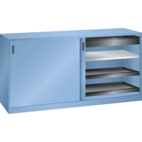 LISTA - Armoire à portes coulissantes avec 2 portes en tôle pleine et paroi de séparation (LxPxH) 2000x580x1000mm 2 rayons, 2 tiroirs, 4 rayons extensibles KEY Lock Bleu clair RAL 5012