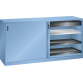 LISTA - Armoire à portes coulissantes avec 2 portes en tôle pleine et paroi de séparation (LxPxH) 2000x580x1000mm 2 rayons, 2 tiroirs, 4 rayons extensibles KEY Lock Bleu clair RAL 5012