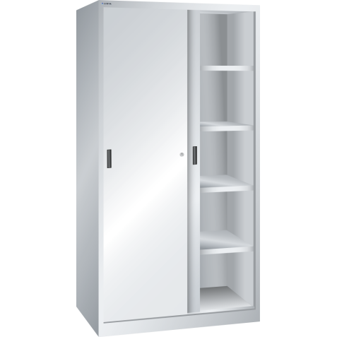 LISTA - Armoire à portes coulissantes avec 2 portes en tôle pleine et paroi de séparation (LxPxH) 1000x580x1950mm 8 rayons KEY Lock Gris clair RAL 7035