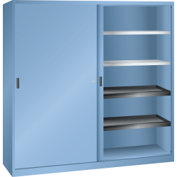 LISTA - Armoire à portes coulissantes avec 2 portes en tôle pleine et paroi de séparation (LxPxH) 2000x580x1950mm 4 rayons, 4 rayons extensibles KEY Lock Bleu clair RAL 5012