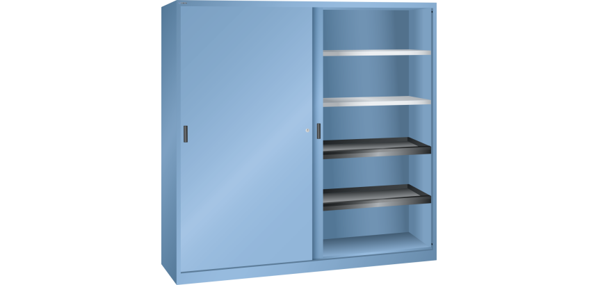 Armoire à 2 portes coulissantes en tôle pleine et une paroi de séparation Lista H 195 x L 200 x P 58 cm 4 étagères amovibles et 4 étagères extensibles Key Lock