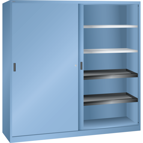 LISTA - Armoire à portes coulissantes avec 2 portes en tôle pleine et paroi de séparation (LxPxH) 2000x580x1950mm 4 rayons, 4 rayons extensibles KEY Lock Bleu clair RAL 5012