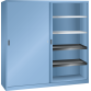 LISTA - Armoire à portes coulissantes avec 2 portes en tôle pleine et paroi de séparation (LxPxH) 2000x580x1950mm 4 rayons, 4 rayons extensibles KEY Lock Bleu clair RAL 5012