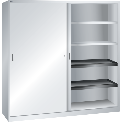 LISTA - Armoire à portes coulissantes avec 2 portes en tôle pleine et paroi de séparation (LxPxH) 2000x580x1950mm 4 rayons, 4 rayons extensibles KEY Lock Gris clair RAL 7035
