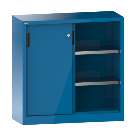 LISTA - Armoire à portes coulissantes avec 2 portes en tôle pleine (LxPxH) 1000x500x1000mm 2 rayons KEY Lock Bleu clair RAL 5012