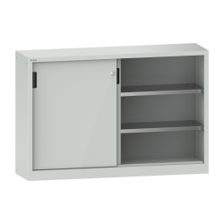 LISTA - Armoire à portes coulissantes avec 2 portes en tôle pleine et paroi de séparation (LxPxH) 1500x580x1000mm 4 rayons KEY Lock Gris clair RAL 7035