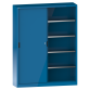 LISTA - Armoire à portes coulissantes avec 2 portes en tôle pleine et paroi de séparation (LxPxH) 1500x500x1950mm 8 rayons KEY Lock Bleu clair RAL 5012