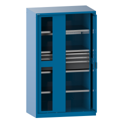 LISTA - Armoire à charges lourdes avec 2 portes escamotables à fenêtre transparente 54x27E (LxPxH) 1146x690x1950mm 2 rayons, 3 tiroirs, 2 rayons extensibles KEY Lock Bleu clair RAL 5012
