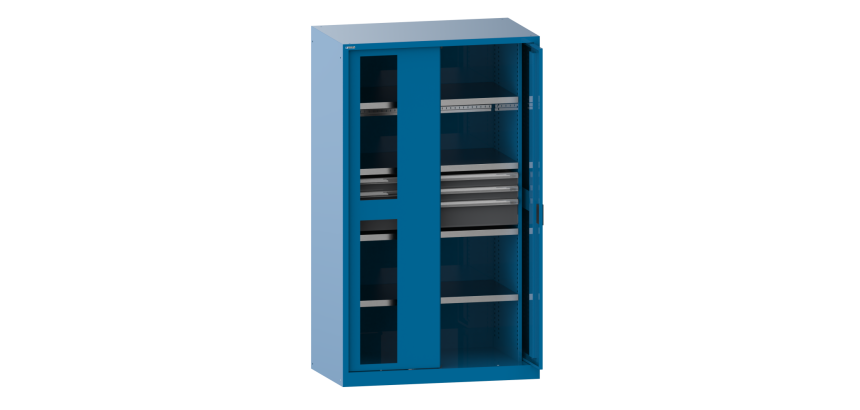 Armoire à charges lourdes avec 2 portes escamotables à fenêtre transparente Lista H 195 x L 114,6 x P 69 cm 2 étagères amovibles, 3 tiroirs et 2 étagères extensibles Key Lock