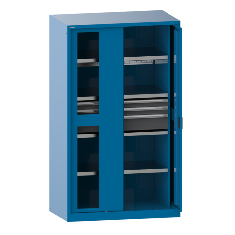 LISTA - Armoire à charges lourdes avec 2 portes escamotables à fenêtre transparente 54x27E (LxPxH) 1146x690x1950mm 2 rayons, 3 tiroirs, 2 rayons extensibles KEY Lock Bleu clair RAL 5012