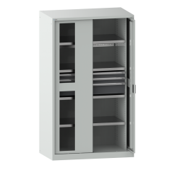Armoire à charges lourdes avec 2 portes escamotables à fenêtre transparente Lista H 195 x L 114,6 x P 69 cm 2 étagères amovibles, 3 tiroirs et 2 étagères extensibles Key Lock