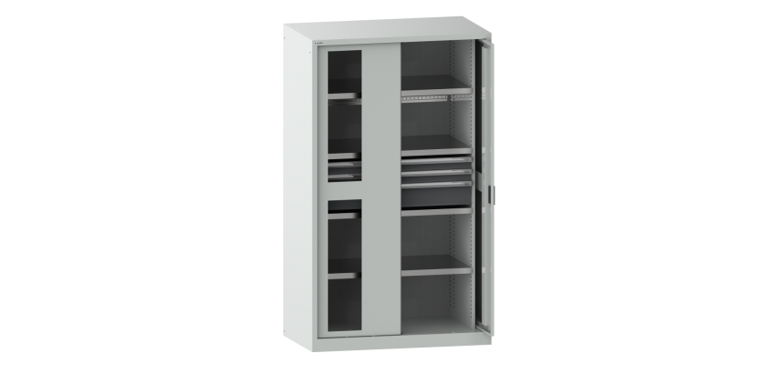 Armoire à charges lourdes avec 2 portes escamotables à fenêtre transparente Lista H 195 x L 114,6 x P 69 cm 2 étagères amovibles, 3 tiroirs et 2 étagères extensibles Key Lock