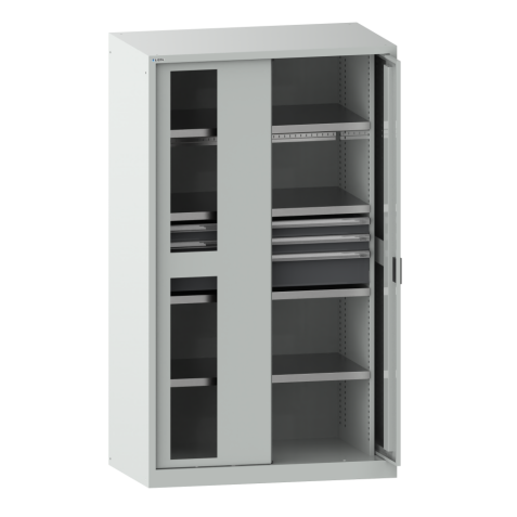 LISTA - Armoire à charges lourdes avec 2 portes escamotables à fenêtre transparente 54x27E (LxPxH) 1146x690x1950mm 2 rayons, 3 tiroirs, 2 rayons extensibles KEY Lock Gris clair RAL 7035