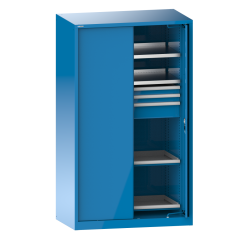 Armoire à charges lourdes avec 2 portes escamotables en tôle pleine Lista H 195 x L 114,6 x P 69 cm 2 étagères amovibles, 3 tiroirs, 2 étagères extensibles Key Lock