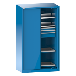 LISTA - Armoire à charges lourdes avec 2 portes escamotables en tôle pleine 54x27E (LxPxH) 1146x690x1950mm 2 rayons, 3 tiroirs, 2 rayons extensibles KEY Lock Bleu clair RAL 5012