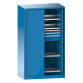 LISTA - Armoire à charges lourdes avec 2 portes escamotables en tôle pleine 54x27E (LxPxH) 1146x690x1950mm 2 rayons, 3 tiroirs, 2 rayons extensibles KEY Lock Bleu clair RAL 5012