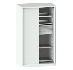 Armoire à charges lourdes avec 2 portes escamotables en tôle pleine Lista H 195 x L 114,6 x P 69 cm 2 étagères amovibles, 3 tiroirs, 2 étagères extensibles Key Lock