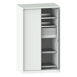 LISTA - Armoire à charges lourdes avec 2 portes escamotables en tôle pleine 54x27E (LxPxH) 1146x690x1950mm 2 rayons, 3 tiroirs, 2 rayons extensibles KEY Lock Gris clair RAL 7035