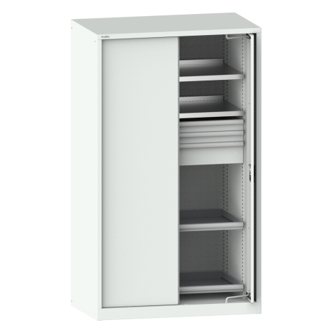 LISTA - Armoire à charges lourdes avec 2 portes escamotables en tôle pleine 54x27E (LxPxH) 1146x690x1950mm 2 rayons, 3 tiroirs, 2 rayons extensibles KEY Lock Gris clair RAL 7035