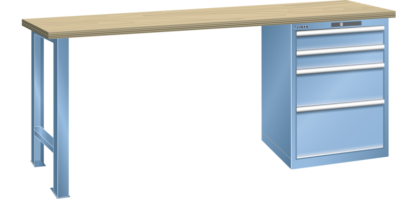 Établi Lista 27x36E - H 85 x L 150 x P 80 cm - plateau en hêtre massif, 4 tiroirs