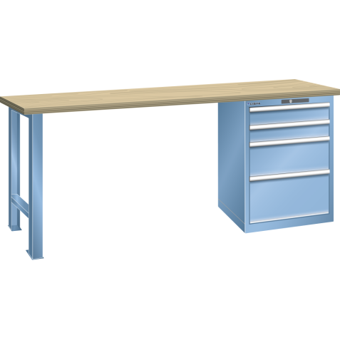 LISTA - Établi 27x36E (LxPxH) 2000x800x850mm 4 tiroirs (2x100/1x200/1x300) 75kg hêtre KEY Lock Bleu clair RAL 5012