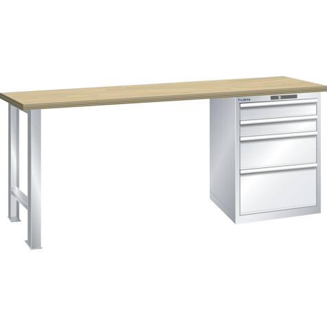 LISTA - Établi 27x36E (LxPxH) 2000x800x850mm 4 tiroirs (2x100/1x200/1x300) 75kg hêtre KEY Lock Gris clair RAL 7035