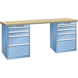 LISTA - Établi 27x36E (LxPxH) 2000x800x850mm 4 + 5 tiroirs (à gauche: 2x100/1x200/1x300, à droite: 1x50/2x100/1x150/1x300) 75kg hêtre KEY Lock Bleu clair RAL 5012