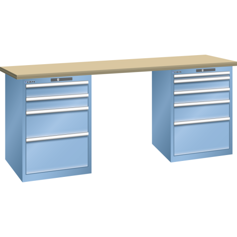 LISTA - Établi 27x36E (LxPxH) 2000x800x850mm 4 + 5 tiroirs (à gauche: 2x100/1x200/1x300, à droite: 1x50/2x100/1x150/1x300) 75kg hêtre KEY Lock Bleu clair RAL 5012