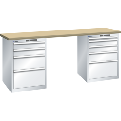 LISTA - Établi 27x36E (LxPxH) 2000x800x850mm 4 + 5 tiroirs (à gauche: 2x100/1x200/1x300, à droite: 1x50/2x100/1x150/1x300) 75kg hêtre KEY Lock Gris clair RAL 7035