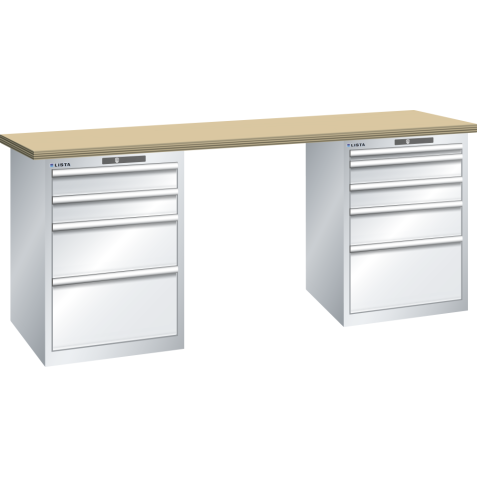 LISTA - Établi 27x36E (LxPxH) 2000x800x850mm 4 + 5 tiroirs (à gauche: 2x100/1x200/1x300, à droite: 1x50/2x100/1x150/1x300) 75kg hêtre KEY Lock Gris clair RAL 7035
