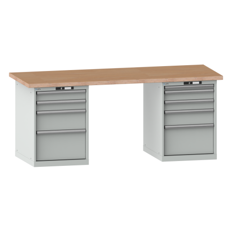 LISTA - Établi 27x36E (LxPxH) 2000x750x840mm 4 + 5 tiroirs (à gauche: 2x100/1x200/1x300, à droite: 1x50/2x100/1x150/1x300) 75kg multiplex KEY Lock Gris clair RAL 7035