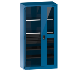 Armoire à 2 portes battantes charnières avec 2 portes à fenêtre transparente Lista H 195 x L 100 x P 58 cm 2 étagères amovibles, 3 tiroirs et 2 étagères extensibles Key Lock