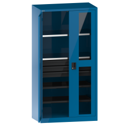 LISTA - Armoire à portes battantes avec 2 portes à fenêtre transparente charnière (LxPxH) 1000x580x1950mm 2 rayons, 3 tiroirs, 2 rayons extensibles KEY Lock Bleu clair RAL 5012