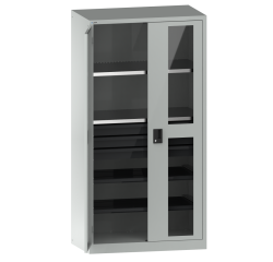 Armoire à 2 portes battantes charnières avec 2 portes à fenêtre transparente Lista H 195 x L 100 x P 58 cm 2 étagères amovibles, 3 tiroirs et 2 étagères extensibles Key Lock