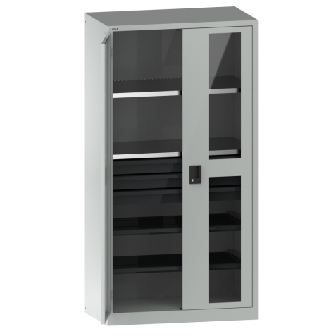LISTA - Armoire à portes battantes avec 2 portes à fenêtre transparente charnière (LxPxH) 1000x580x1950mm 2 rayons, 3 tiroirs, 2 rayons extensibles KEY Lock Gris clair RAL 7035
