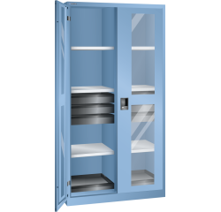 Armoire à 2 portes battantes à fenêtre transparente charnières et paroi de séparation Lista H 195 x L 100 x P 58 cm 6 étagères amovibles, 6 tiroirs et 2 étagères extensibles Key Lock