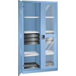 LISTA - Armoire à portes battantes avec 2 portes à fenêtre transparente charnière et paroi de séparation (LxPxH) 1000x580x1950mm 6 rayons, 6 tiroirs, 2 rayons extensibles KEY Lock Bleu clair RAL 5012