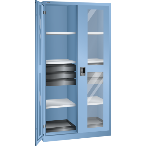 LISTA - Armoire à portes battantes avec 2 portes à fenêtre transparente charnière et paroi de séparation (LxPxH) 1000x580x1950mm 6 rayons, 6 tiroirs, 2 rayons extensibles KEY Lock Bleu clair RAL 5012