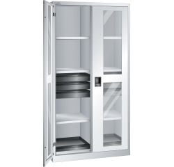 Armoire à 2 portes battantes à fenêtre transparente charnières et paroi de séparation Lista H 195 x L 100 x P 58 cm 6 étagères amovibles, 6 tiroirs et 2 étagères extensibles Key Lock