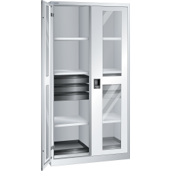 LISTA - Armoire à portes battantes avec 2 portes à fenêtre transparente charnière et paroi de séparation (LxPxH) 1000x580x1950mm 6 rayons, 6 tiroirs, 2 rayons extensibles KEY Lock Gris clair RAL 7035