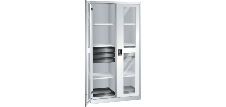 Armoire à 2 portes battantes à fenêtre transparente charnières et paroi de séparation Lista H 195 x L 100 x P 58 cm 6 étagères amovibles, 6 tiroirs et 2 étagères extensibles Key Lock