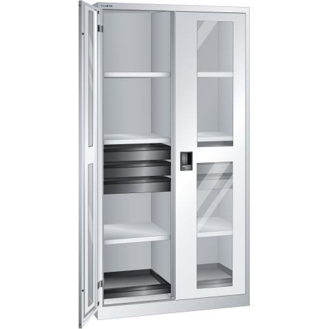 LISTA - Armoire à portes battantes avec 2 portes à fenêtre transparente charnière et paroi de séparation (LxPxH) 1000x580x1950mm 6 rayons, 6 tiroirs, 2 rayons extensibles KEY Lock Gris clair RAL 7035