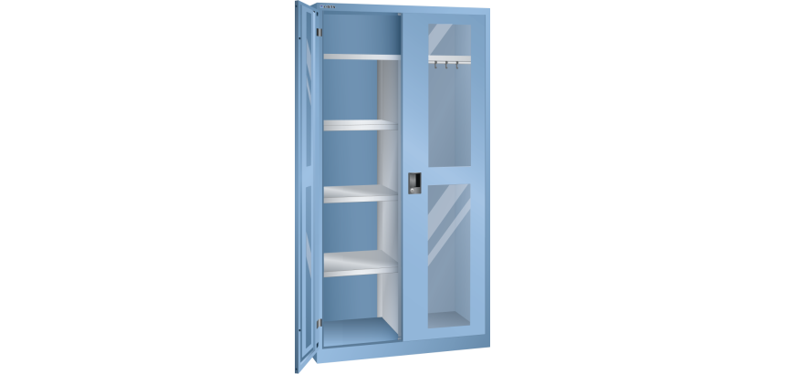 Armoire à 2 portes battantes à fenêtre transparente charnières avec paroi de séparation et vestiaire Lista H 195 x L 100 X P 58 cm 4 étagères amovibles Key Lock