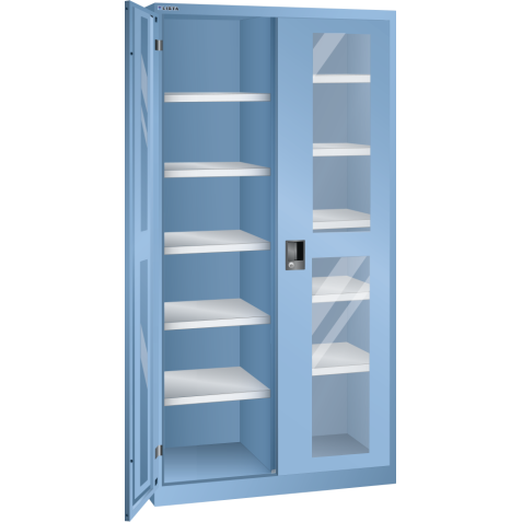 LISTA - Armoire à portes battantes avec 2 portes à fenêtre transparente charnière et paroi de séparation (LxPxH) 1000x500x1950mm 10 rayons KEY Lock Bleu clair RAL 5012