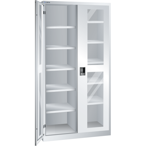 LISTA - Armoire à portes battantes avec 2 portes à fenêtre transparente charnière et paroi de séparation (LxPxH) 1000x500x1950mm 10 rayons KEY Lock Gris clair RAL 7035