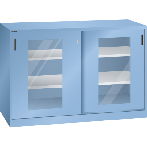 LISTA - Armoire à portes coulissantes avec 2 portes à fenêtre transparente et paroi de séparation (LxPxH) 1500x400x1000mm 4 rayons KEY Lock Bleu clair RAL 5012